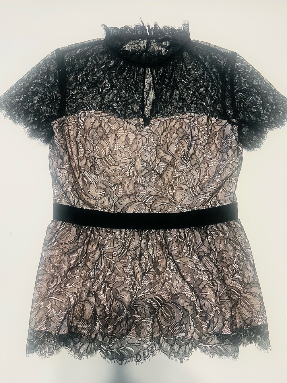 White House Black Market Black Lace Overlay Blouse with Nude Lining